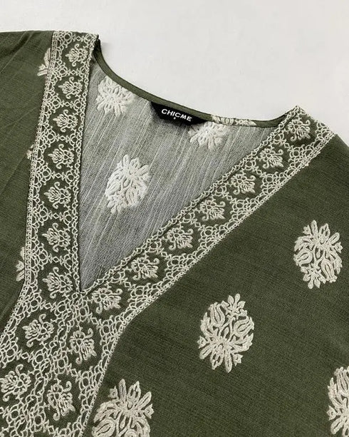 Floral Print V Neck Long Sleeve Blouse Casual Loose Fit Top Army green