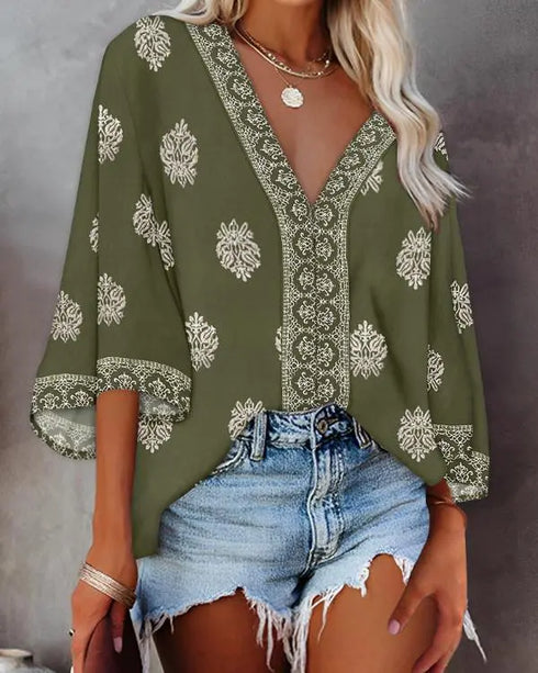 Floral Print V Neck Long Sleeve Blouse Casual Loose Fit Top Army green