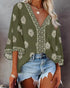 Floral Print V Neck Long Sleeve Blouse Casual Loose Fit Top Army green