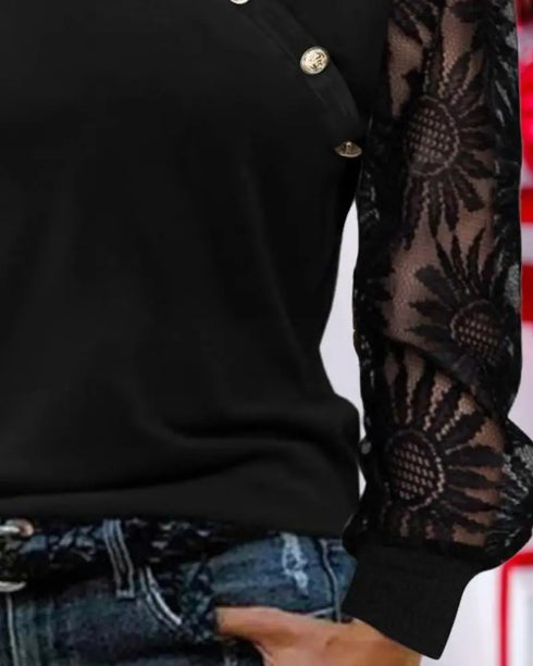 Lace Floral Open Front Long Sleeve Casual Button T-shirt black