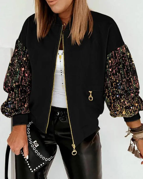 Contrast Sequin Jacket Casual Long Sleeve Zipper Design Sparkly Coat With Pockets black