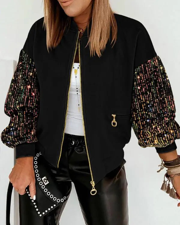 Contrast Sequin Jacket Casual Long Sleeve Zipper Design Sparkly Coat With Pockets black