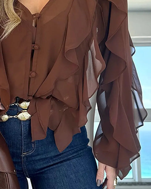 V Neck Shoulder Ruffles Design Blouse Casual Button Front Long Sleeve Top Dark Brown