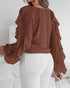 V Neck Shoulder Ruffles Design Blouse Casual Button Front Long Sleeve Top Dark Brown