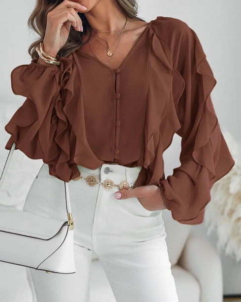 Ombre V Neck Shoulder Asymmetrical Ruffles Blouse Casual Button Front Long Sleeve Top Dark Brown