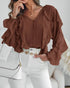 Ombre V Neck Shoulder Asymmetrical Ruffles Blouse Casual Button Front Long Sleeve Top Dark Brown
