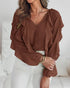 V Neck Shoulder Ruffles Design Blouse Casual Button Front Long Sleeve Top Dark Brown