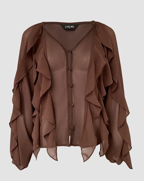 V Neck Shoulder Ruffles Design Blouse Casual Button Front Long Sleeve Top Dark Brown