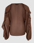V Neck Shoulder Ruffles Design Blouse Casual Button Front Long Sleeve Top Dark Brown