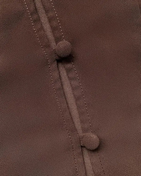 V Neck Shoulder Ruffles Design Blouse Casual Button Front Long Sleeve Top Dark Brown