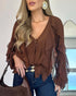 Ombre V Neck Shoulder Asymmetrical Ruffles Blouse Casual Button Front Long Sleeve Top Dark Brown