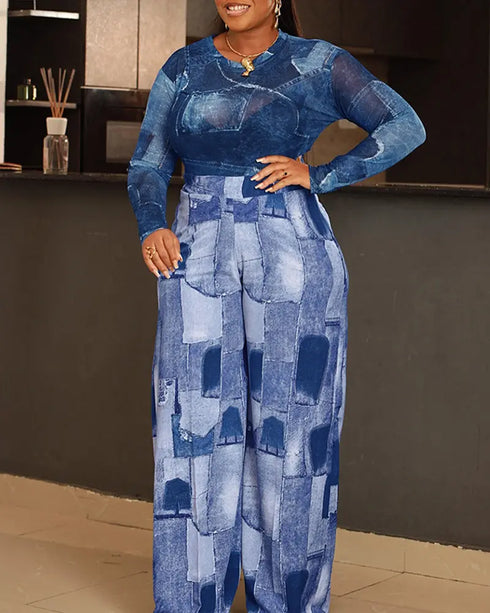 3 Pieces Outfit Geometric Print Faux Denim Tied Detail Vest with Sheer Mesh Long Sleeve Shirt and Casual Wide Leg Pants Set dark blue