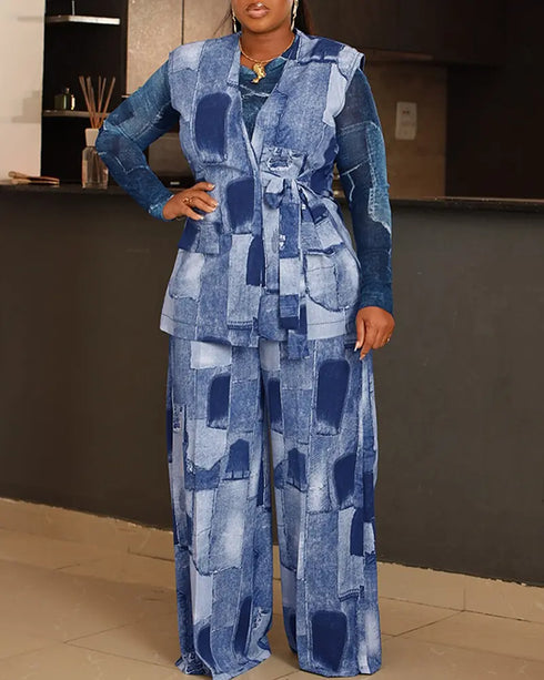3 Pieces Outfit Geometric Print Faux Denim Tied Detail Vest with Sheer Mesh Long Sleeve Shirt and Casual Wide Leg Pants Set dark blue