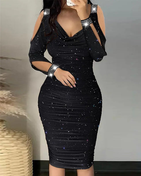 Sparkly Sequin Bowknot Decor Cowl Neck Long Sleeve Bodycon Dress Backless Party Dress black