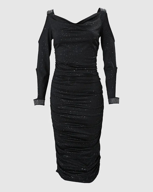 Rhinestone Decor Cold Shoulder Glitter Bodycon Dress black