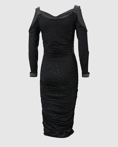 Rhinestone Decor Cold Shoulder Glitter Bodycon Dress black