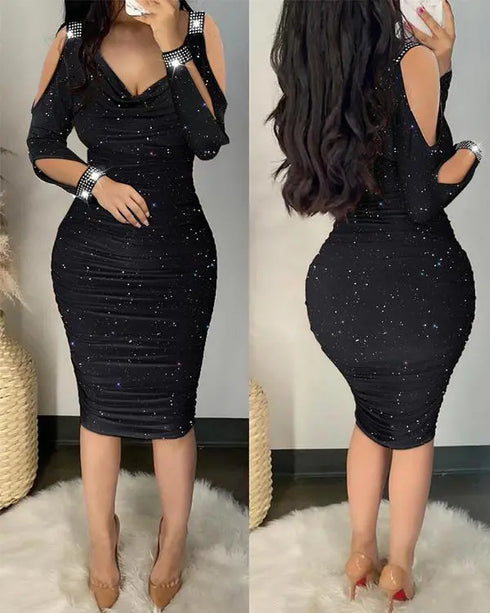 Rhinestone Decor Cold Shoulder Glitter Bodycon Dress black