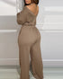 Drop Shoulder Long Sleeve Contrast Lace Backless Overalls Casual Elastic Waist Wide Leg Jumpsuit coffee