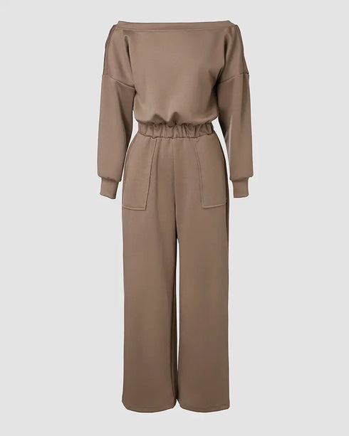 Off Shoulder V-Back Elastic Waist Pockets Design Jumpsuit Casual Drop Shoulder Cinched Waist Wide Leg Jumpsuit coffee