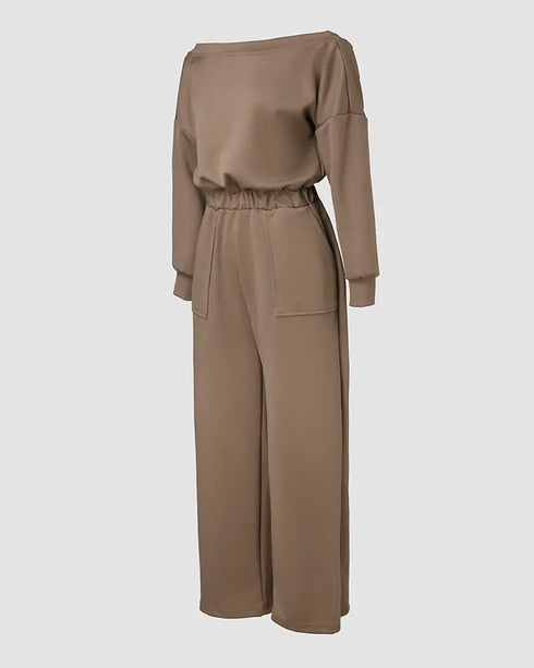 Off Shoulder V-Back Elastic Waist Pockets Design Jumpsuit Casual Drop Shoulder Cinched Waist Wide Leg Jumpsuit coffee