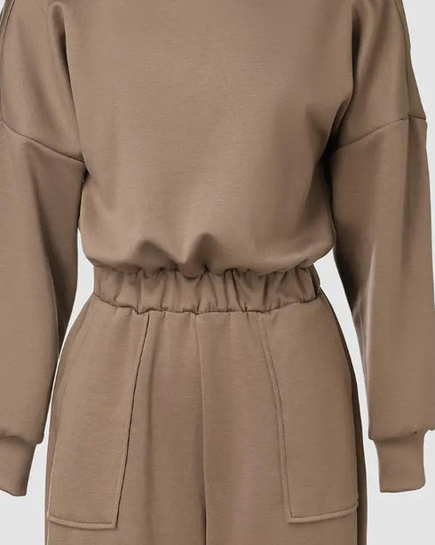 Drop Shoulder Long Sleeve Contrast Lace Backless Overalls Casual Elastic Waist Wide Leg Jumpsuit coffee