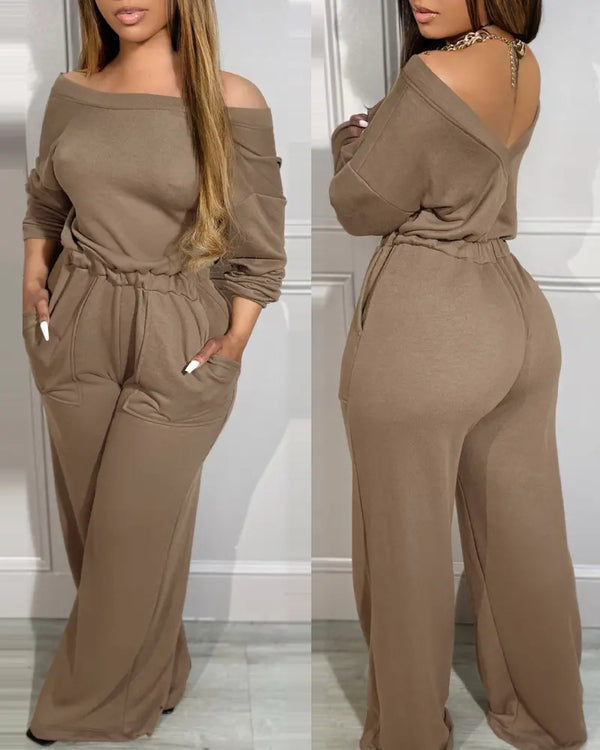 Drop Shoulder Long Sleeve Contrast Lace Backless Overalls Casual Elastic Waist Wide Leg Jumpsuit coffee