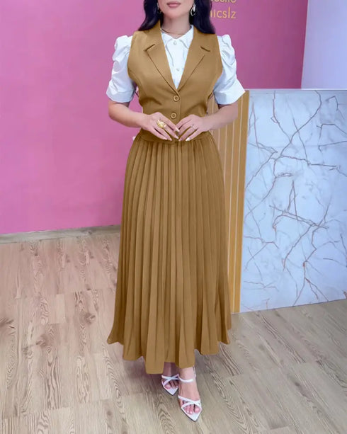 Turn-down Collar Sleeveless Button Vest and Casual Pleated Skirt Sets coffee
