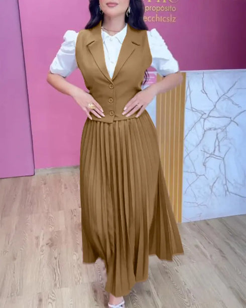 Turn-down Collar Sleeveless Button Vest and Casual Pleated Skirt Sets coffee