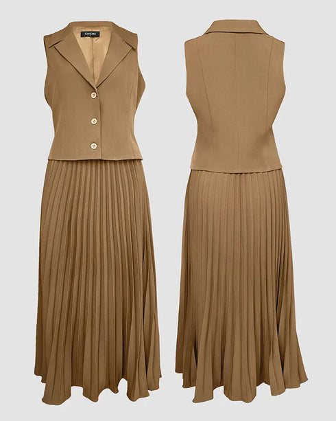 Turn-down Collar Sleeveless Button Vest and Casual Pleated Skirt Sets coffee
