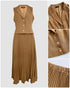 Turn-down Collar Sleeveless Button Vest and Casual Pleated Skirt Sets coffee