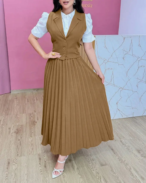 Turn-down Collar Sleeveless Button Vest and Casual Pleated Skirt Sets coffee