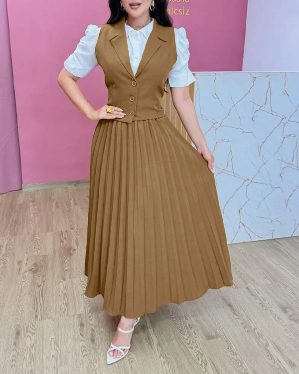 Turn-down Collar Sleeveless Button Vest and Casual Pleated Skirt Sets coffee