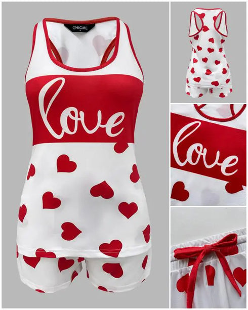 Love Heart Drawstring Pajamas Set red