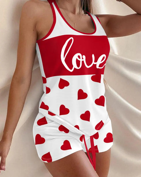 Love Heart Drawstring Pajamas Set red