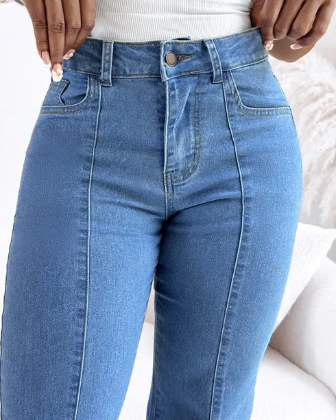 Pearls & Rhinestone Decor Turn-down Collar Button Front Denim Shirt Coat Casual Top blue