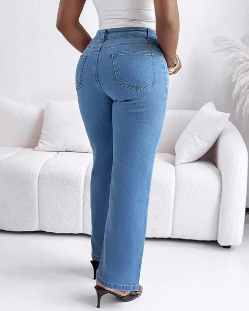 Pearls & Rhinestone Decor Turn-down Collar Button Front Denim Shirt Coat Casual Top blue