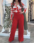 Floral Print Turn-down Collar Long Sleeve Blouses and Casual High Waist Zipper Pants Set red