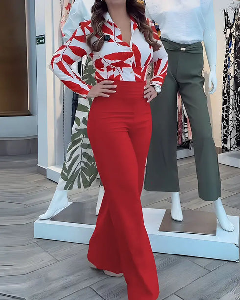 Floral Print Turn-down Collar Long Sleeve Blouses and Casual High Waist Zipper Pants Set red