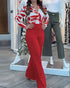 Floral Print Turn-down Collar Long Sleeve Blouses and Casual High Waist Zipper Pants Set red