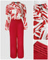 Floral Print Turn-down Collar Long Sleeve Blouses and Casual High Waist Zipper Pants Set red