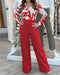 Floral Print Turn-down Collar Long Sleeve Blouses and Casual High Waist Zipper Pants Set red