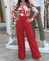Floral Print Turn-down Collar Long Sleeve Blouses and Casual High Waist Zipper Pants Set red