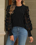 Floral Pattern Contrast Sequin Sheer Mesh Ruched Lantern Sleeve Blouse Elegant Top black