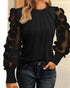 Contrast Lace Round Neck Lantern Sleeve Ruched Blouse Elegant Shirt black