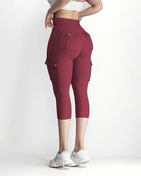 Butt Lifting Biker Capris Leggings High Waist Flap Pocket Workout Capris Gym Pants Wine red