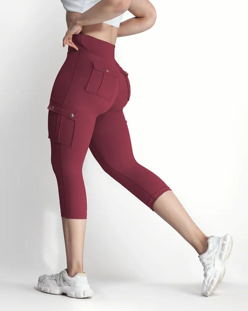 Butt Lifting Biker Capris Leggings High Waist Flap Pocket Workout Capris Gym Pants Wine red