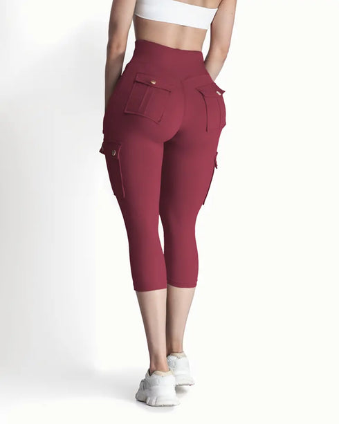 Butt Lifting Biker Capris Leggings High Waist Flap Pocket Workout Capris Gym Pants Wine red