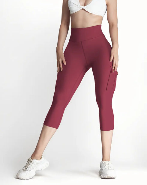 Butt Lifting Biker Capris Leggings High Waist Flap Pocket Workout Capris Gym Pants Wine red