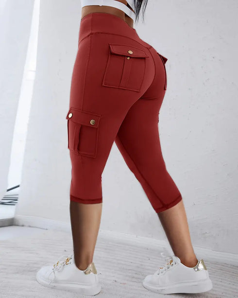Butt Lifting Biker Capris Leggings High Waist Flap Pocket Workout Capris Gym Pants Wine red