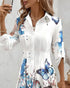 Abstract Print Turn-down Collar Turn-Up Sleeves Shirred Back Dress Casual Button Down Cinched Waist Curved Hem Shirt Dress white